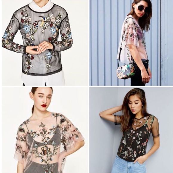 Zara Tops Zarablush Sheer Tulle Mesh Floral Embroidered Top Poshmark